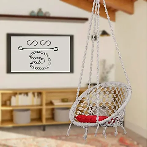 Cotton Netted Rope Round Hanging Swing for Kids  Adults,100% Cotton Swing Chair with Square-Cushion for Indoor,Outdoor,Patio,Swing Chair with 3ft. Chain  Hanging Accessories(120kg Capacity)
