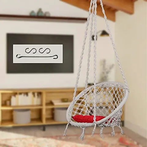 Cotton Netted Rope Round Hanging Swing for Kids  Adults, 100% Cotton Swing Chair with Square Cushion for Indoor, Outdoor, Patio, Swing Chair with Hanging Accessories (120kg Capacity, White)