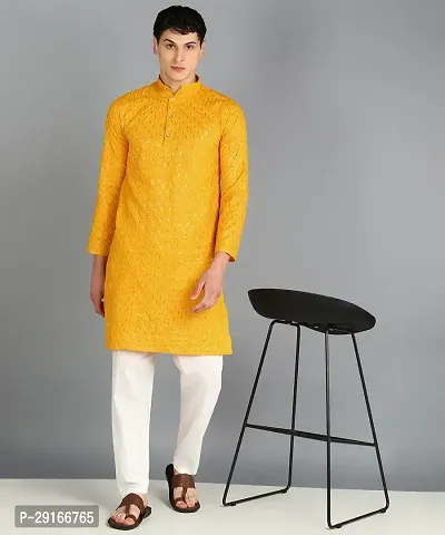 Yellow Patterned Embroidery Kurtas For Men