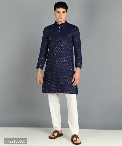 Navy Blue Classic Embroidered Kurta For Mens