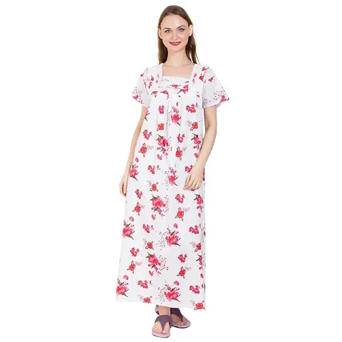 Premium White Floral Cotton Nighty/Night Gown For Women