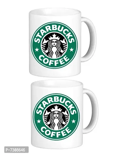 Ceramic Starbuck Printed 330 ml White Coffee Mug Pack of 2 Pcs Combo-thumb0