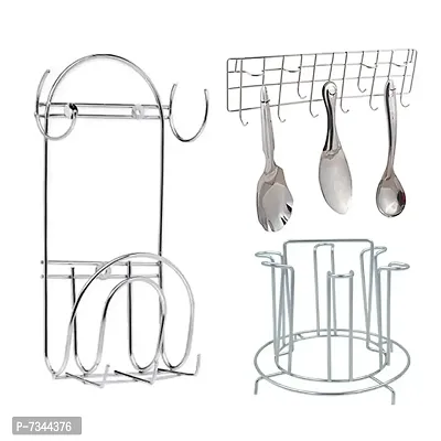 Stainless Steel Glass Stand / Glass Holder  Wall Mount Ladle Stand / Hook Rail  Chakla Belan Stand with Hooks for Kitchen