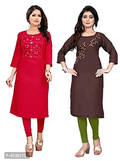 STYLEOO Ruby Slub 3/4 Sleeves Embroidered Kurti for Women's Combo Pack (XL, RED and Brown)