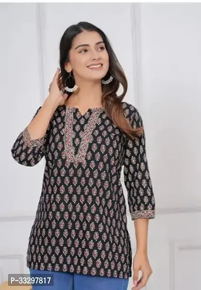 Elegant Black Cotton Printed Tunic For Women-thumb0