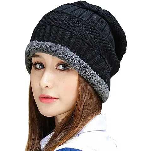 Hind Home Snow Proof Inside Fur Wool Unisex Beanie Cap Warmer Knit Hat Thick Fleece Lined Winter Hat for Men Women