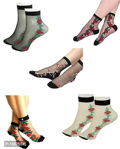 Herbal Aid Ankle Socks For Women's Floral Design Transparent Thin Socks - Assorted Design  Color (Pack Of 5 Socks)-thumb0