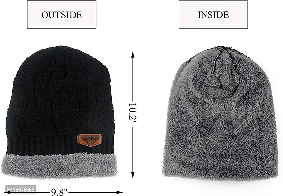 Hind Home Snow Proof Inside Fur Wool Unisex Beanie Cap Warmer Knit Hat Thick Fleece Lined Winter Hat for Men  Women-thumb3