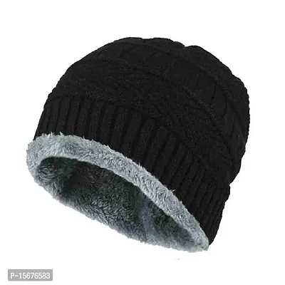 Hind Home Snow Proof Inside Fur Wool Unisex Beanie Cap Warmer Knit Hat Thick Fleece Lined Winter Hat for Men  Women-thumb2