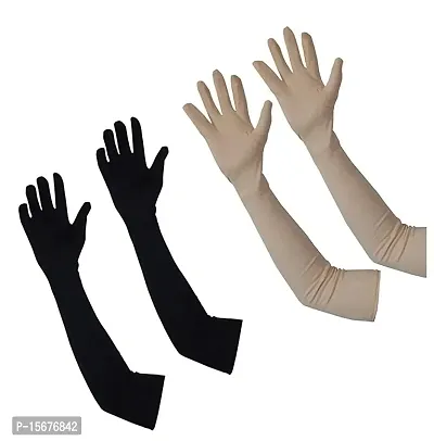 Hind Home Women Men Cotton Full Hand Gloves for Biking and Driving Dust, Pollution and Sunburn Sunlight Protection Gloves (Pack of 2) Beige  Black Color-thumb0