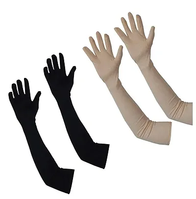 Hind Home Women Men Cotton Full Hand Gloves for Biking and Driving Dust, Pollution and Sunburn Sunlight Protection Gloves (Pack of 2) Beige & Black Color