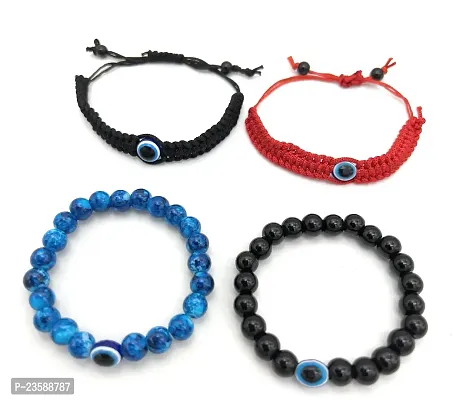 Stylish Unisex  Stone Evil Eye Bracelets Combo Black Blue Red Free Size - Pack of 4
