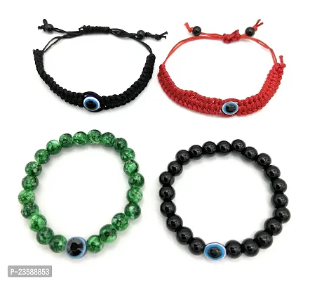 Evil Eye Stylish Unisex  Stone Bracelets Combo Black Green Red Free Size - Pack of 4