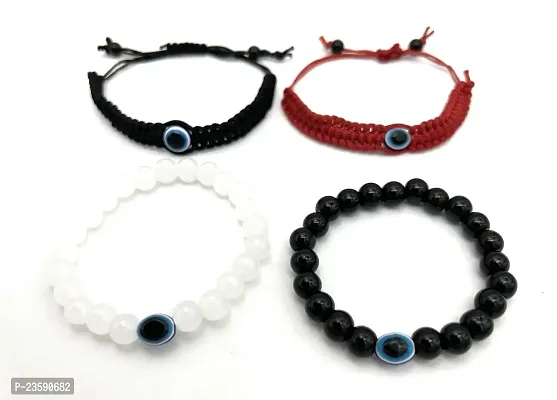 Attractive Evil Eye Stone Bracelets Unisex Combo Black Off-White Red Free Size - Pack of 4