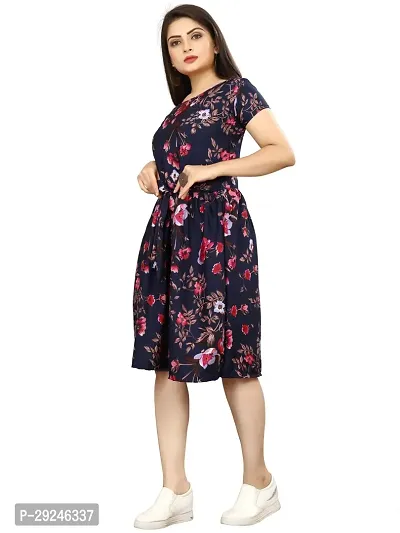 Stylish Blue Polyester Printed Fit And Flare Dress For Women