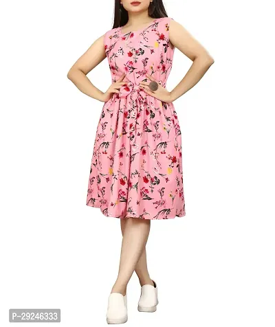 Stylish Pink Polyester Printed Fit And Flare Dress For Women-thumb0