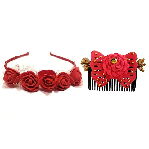 VinshBond Baby Hair Band Flower Headband Comb Flower Kids Girls Baby Women (Color-Red, Pack of-02)