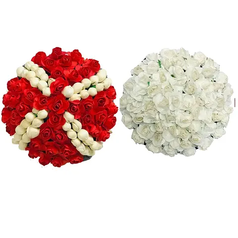 VinshBond Full Juda Bun Hair Flower Gajra for Wedding and Parties (RedWhite) Pack of 2