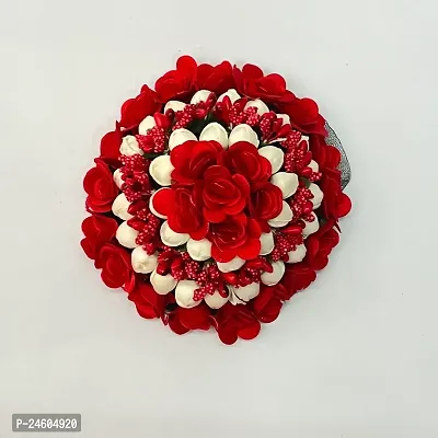 Elegant Red Satin Flower Embellished Bun For Girl And Women