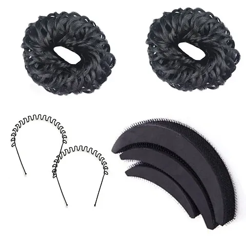 VinshBond Set of Hair Asseccories |2 Rubber Bun | 3 Banana Bumpit | 2 Zig Zag Hair Band for Women/Girls