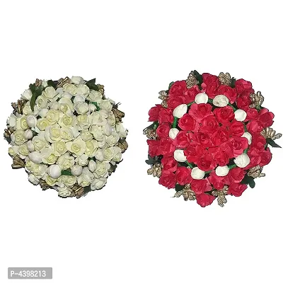 Full Juda Bun Combo Hair Flower Gajra Artificial For Wedding And Parties (RedWhite) Color Pack Of 2