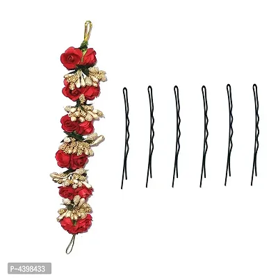 Flower Gajra With 06 Bob Pins Flower Gajra Hair Accessories For Women And Girls Red-thumb0