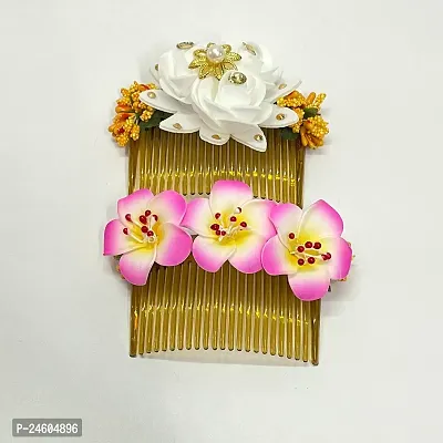 Elegant Multicoloured Satin Flower Embellished Comb Clip For Girl And Women-thumb0