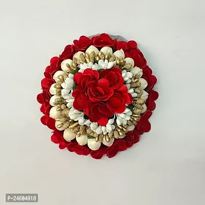 Elegant Red Satin Flower Embellished Bun For Girl And Women