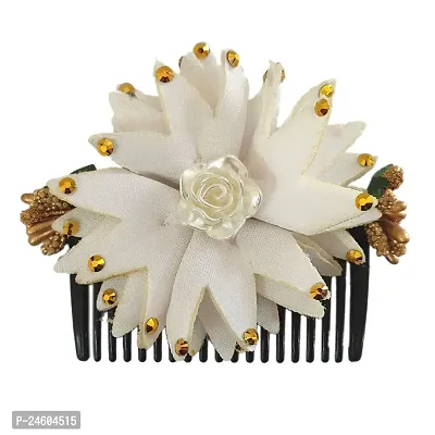 Elegant White Fabric Embellished Comb Clip For Girl And Women