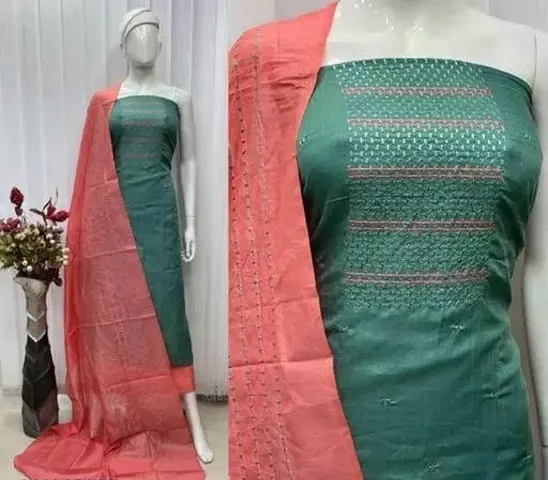 Stylish Fancy Slub Unstitched Dress Material Top With Bottom Wear And Dupatta Set For Women