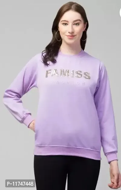 Fleece Light Purple Printed Round Neck Long Sleeves Sweatshirt For Women