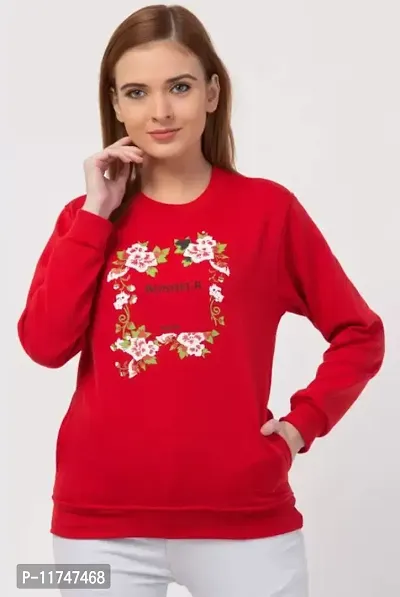 Cotton Fleece Blend Red Printed Round Neck Long Sleeves Sweatshirt For Women