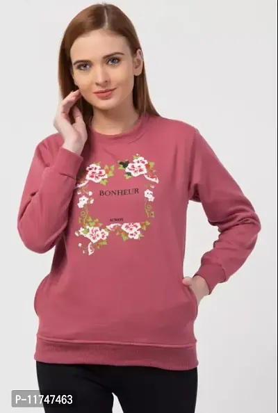 Cotton Fleece Blend Pink Printed Round Neck Long Sleeves Sweatshirt For Women