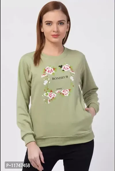 Cotton Fleece Blend Light Green Printed Round Neck Long Sleeves Sweatshirt For Women