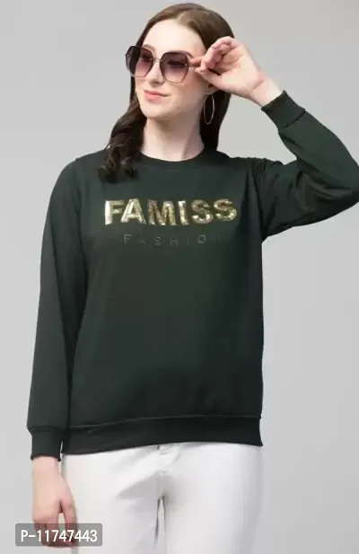 Fleece Dark Green Printed Round Neck Long Sleeves Sweatshirt For Women