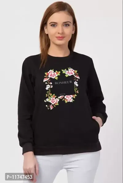 Cotton Fleece Blend Black Printed Round Neck Long Sleeves Sweatshirt For Women-thumb0