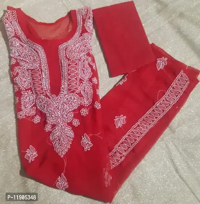 Stylish Georgette Red Chikankari Embroidered Kurta With Inner For Women-thumb0