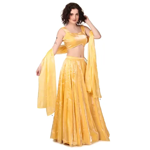 Stylish Yellow Cotton Embroidered Lehenga Choli Set For Women
