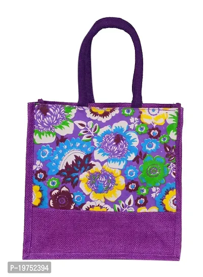 SUNVIKA HOUSE Eco-Friendly Jute Hand Bag Floral Print Reusable Tiffin Shopping Grocery Multipurpose Hand Bag with Zip  Handle for Men and Women Daily Use Carry Bag - Purple-thumb0