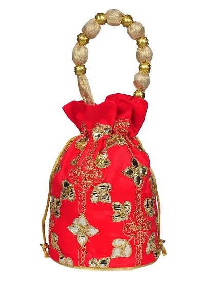 SUNVIKA HOUSE Raw Silk Floral Ethnic Rajasthani Multicolor Embroidered Potli Bag Handbag, Wristlets, Clutch for Women, Girls with Handmade