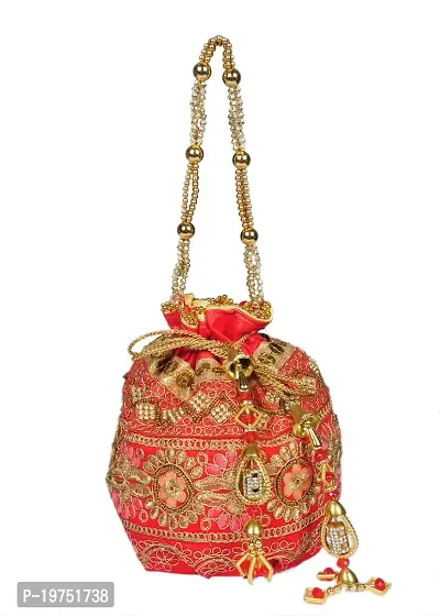 SUNVIKA HOUSE Raw Silk Floral Ethnic Rajasthani Multicolor Embroidered Potli Bag Handbag, Wristlets, Clutch for Women, Girls with Handmade (16 X 11 X 21 Cm) Color : Orange