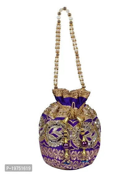 SUNVIKA HOUSE Raw Silk Floral Ethnic Rajasthani Multicolor Embroidered Potli Bag Handbag, Wristlets, Clutch for Women, Girls with Handmade (16 X 11 X 21 Cm) Color : Purple