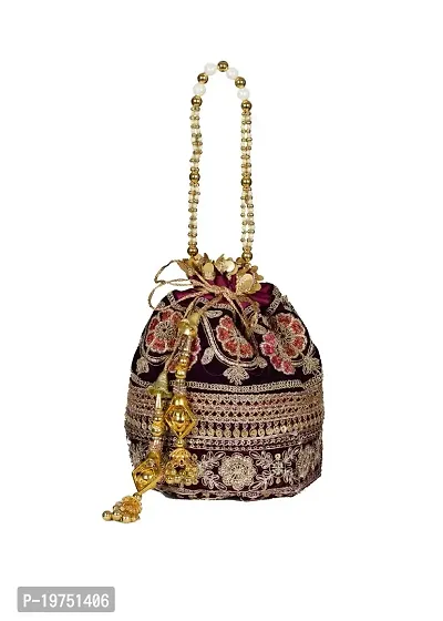 SUNVIKA HOUSE Raw Silk Floral Ethnic Rajasthani Multicolor Embroidered Potli Bag Handbag, Wristlets, Clutch for Women, Girls with Handmadeg (16 X 11 X 21 Cm) Color : Red-thumb0
