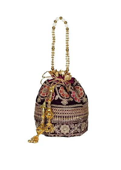 SUNVIKA HOUSE Raw Silk Floral Ethnic Rajasthani Multicolor Embroidered Potli Bag Handbag, Wristlets, Clutch for Women, Girls with Handmade