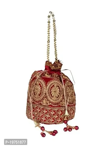 SUNVIKA HOUSE Raw Silk Floral Ethnic Rajasthani Multicolor Embroidered Potli Bag Handbag, Wristlets, Clutch for Women, Girls with Handmade (16 X 11 X 21 Cm) Color : Red-thumb0