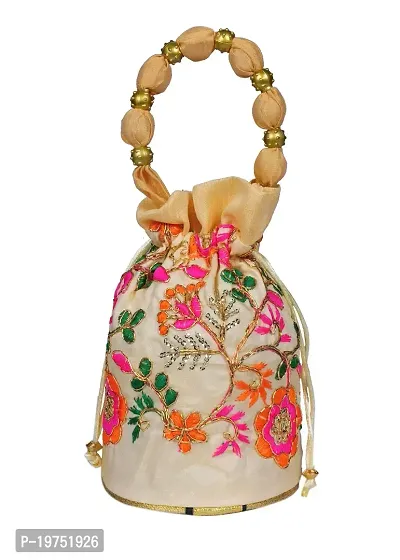 SUNVIKA HOUSE Raw Silk Floral Ethnic Rajasthani Multicolor Embroidered Potli Bag Handbag, Wristlets, Clutch for Women, Girls with Handmade,Color : Multi