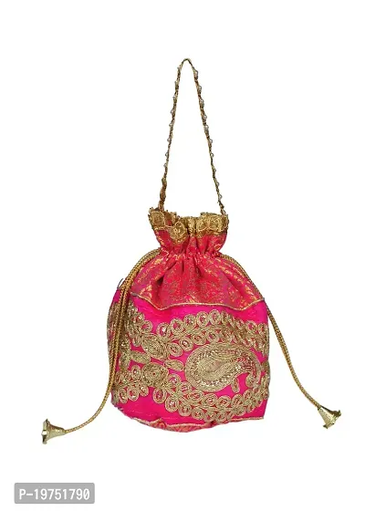 SUNVIKA HOUSE Raw Silk Floral Ethnic Rajasthani Multicolor Embroidered Potli Bag Handbag, Wristlets, Clutch for Women, Girls with Handmade (16 X 11 X 21 Cm) Color : Pink-thumb0