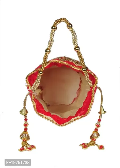SUNVIKA HOUSE Raw Silk Floral Ethnic Rajasthani Multicolor Embroidered Potli Bag Handbag, Wristlets, Clutch for Women, Girls with Handmade (16 X 11 X 21 Cm) Color : Orange-thumb3