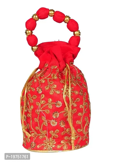 SUNVIKA HOUSE Raw Silk Floral Ethnic Rajasthani Multicolor Embroidered Potli Bag Handbag, Wristlets, Clutch for Women, Girls with Handmade Color: Cream