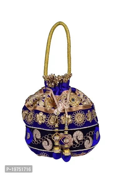 SUNVIKA HOUSE Raw Silk Floral Ethnic Rajasthani Multicolor Embroidered Potli Bag Handbag, Wristlets, Clutch for Women, Girls with Handmade (16 X 11 X 21 Cm) Color : Blue-thumb0